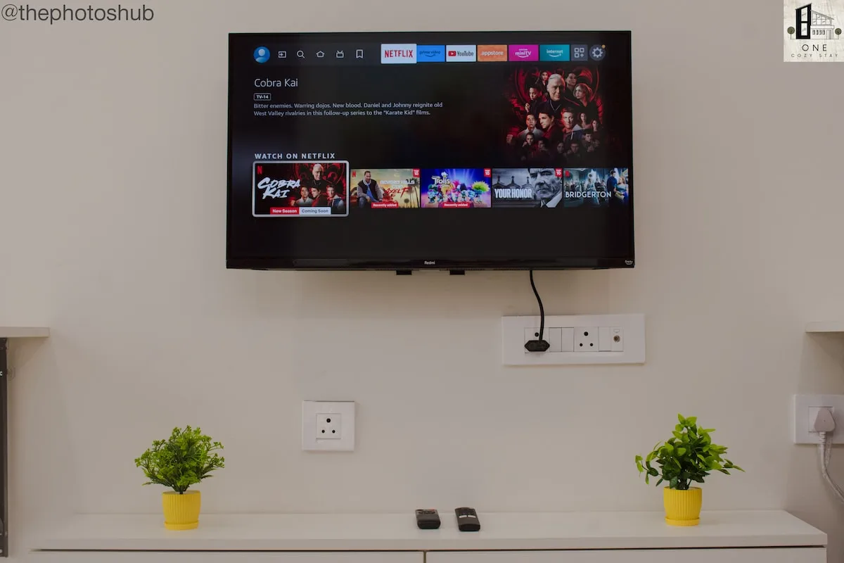 Un televisor montado en la pared muestra un menú de streaming sobre una encimera con pequeñas plantas.