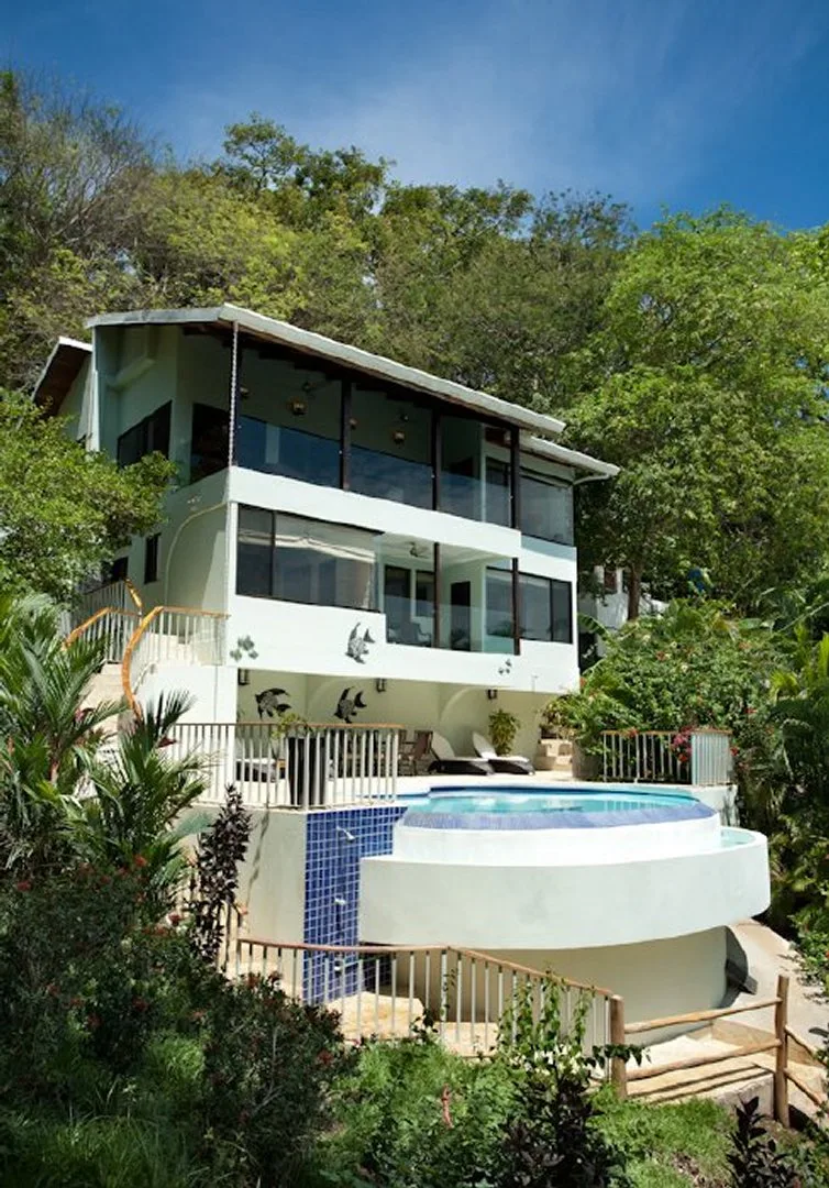 A modern house surrounded by trees, with a small swimming pool in front.