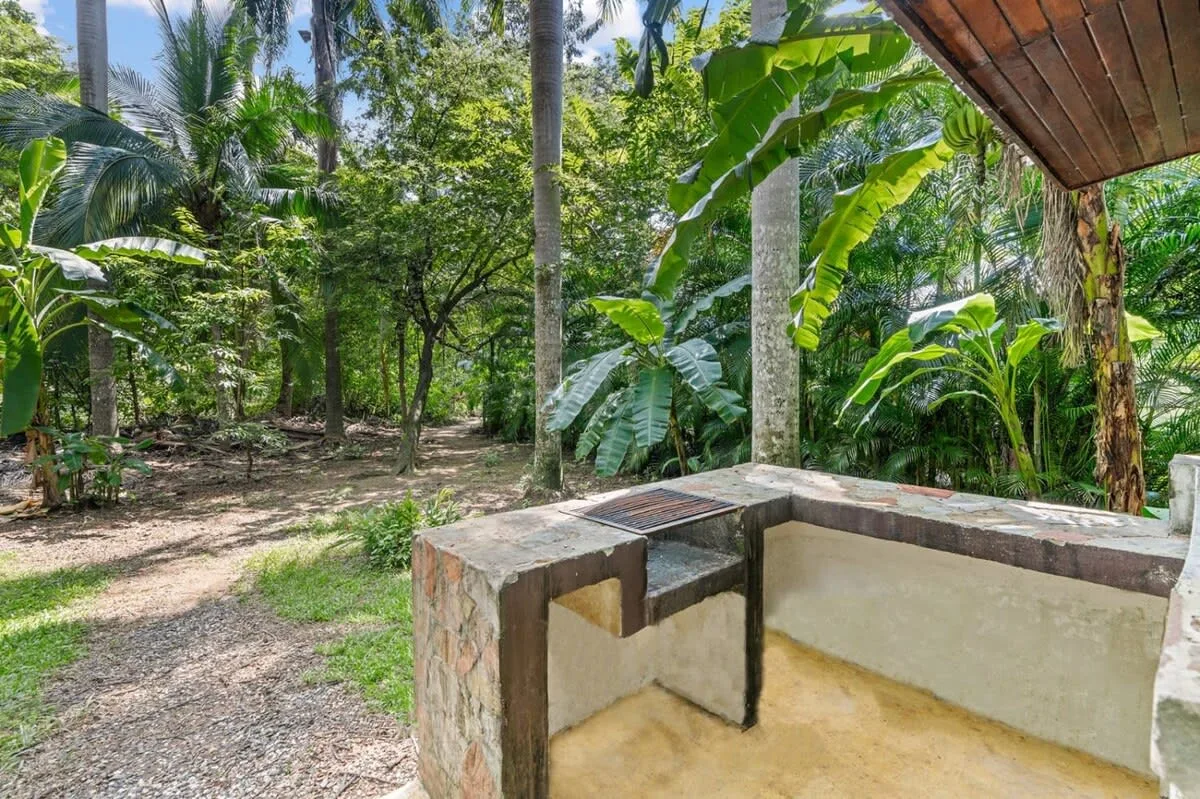 Una encimera exterior está junto a un sendero de jardín rodeado de exuberantes plantas tropicales.