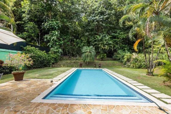 Una piscina rectangular está rodeada de pavimento de piedra, césped y abundante vegetación tropical.