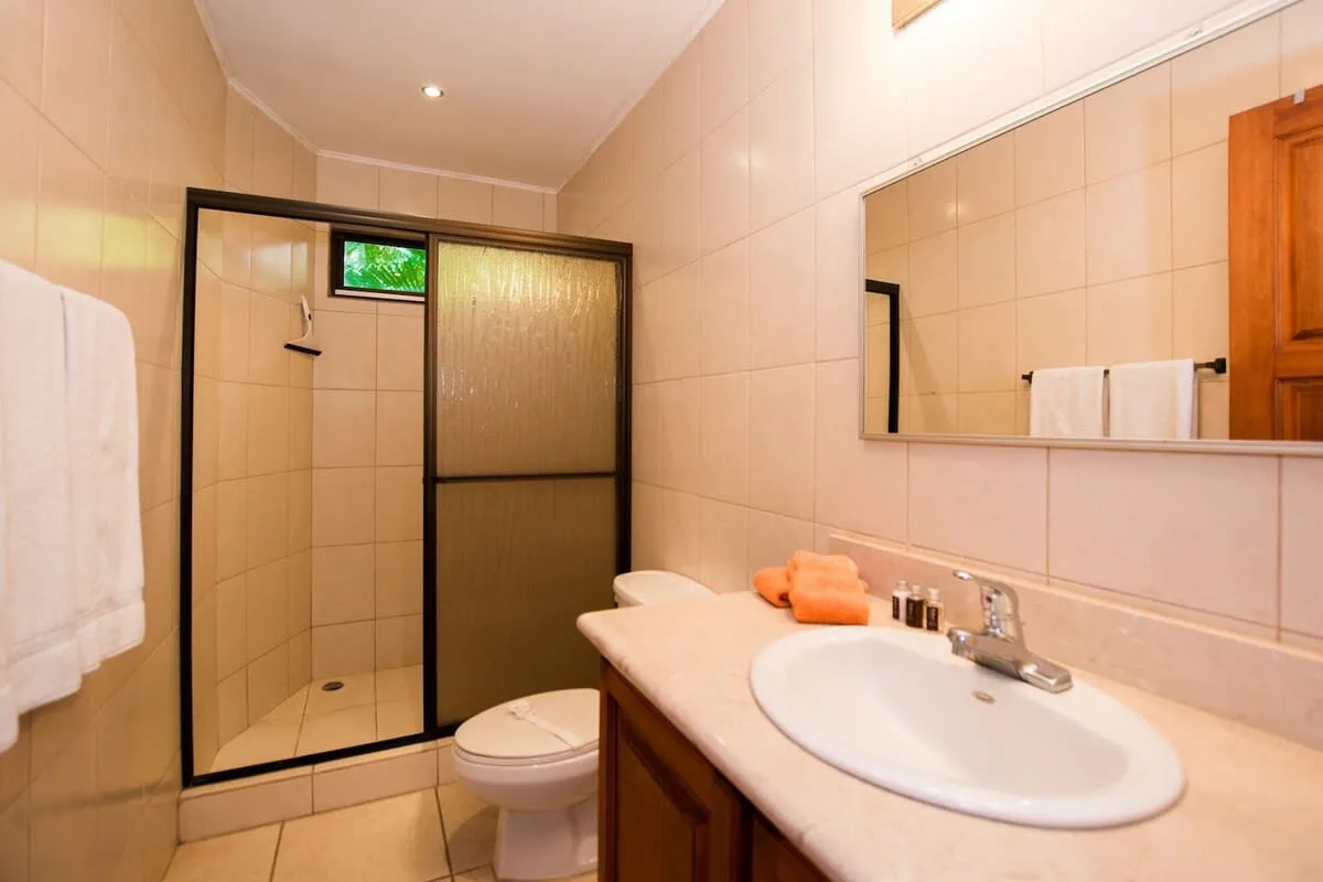 Un baño alicatado con lavabo, espejo, inodoro y ducha de vidrio.