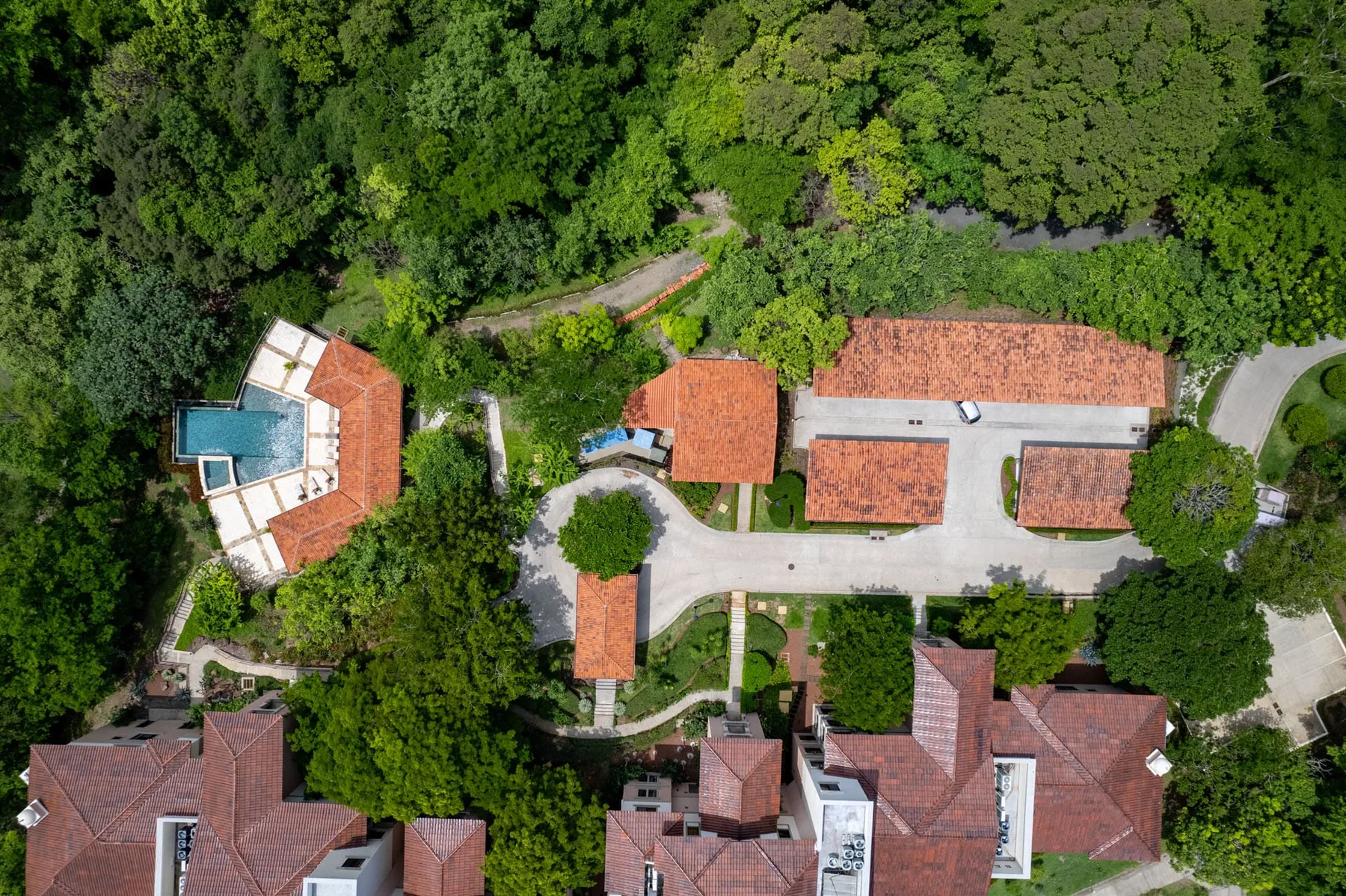 Shared amenity: Aerial view of red-roofed buildings and paths among dense trees.