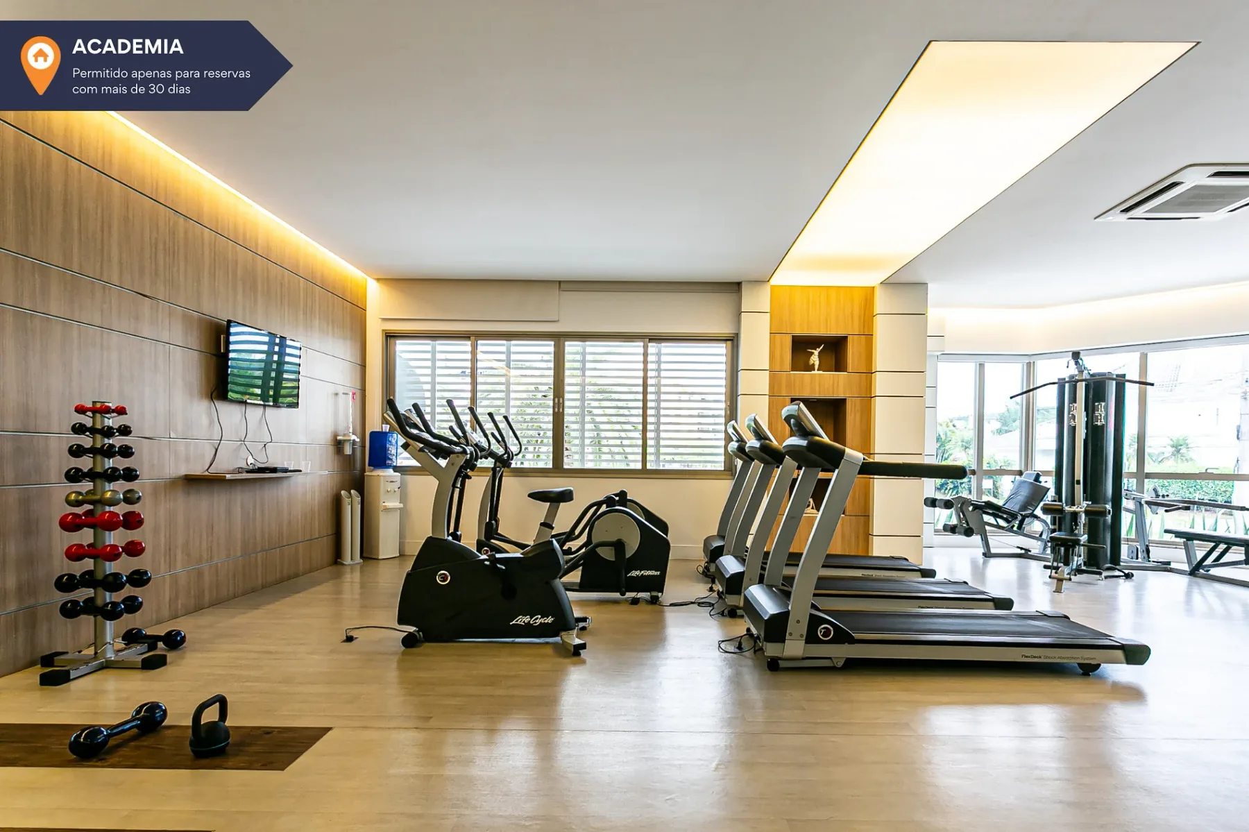 Shared amenity: A gym with treadmills, exercise bikes, and free weights.