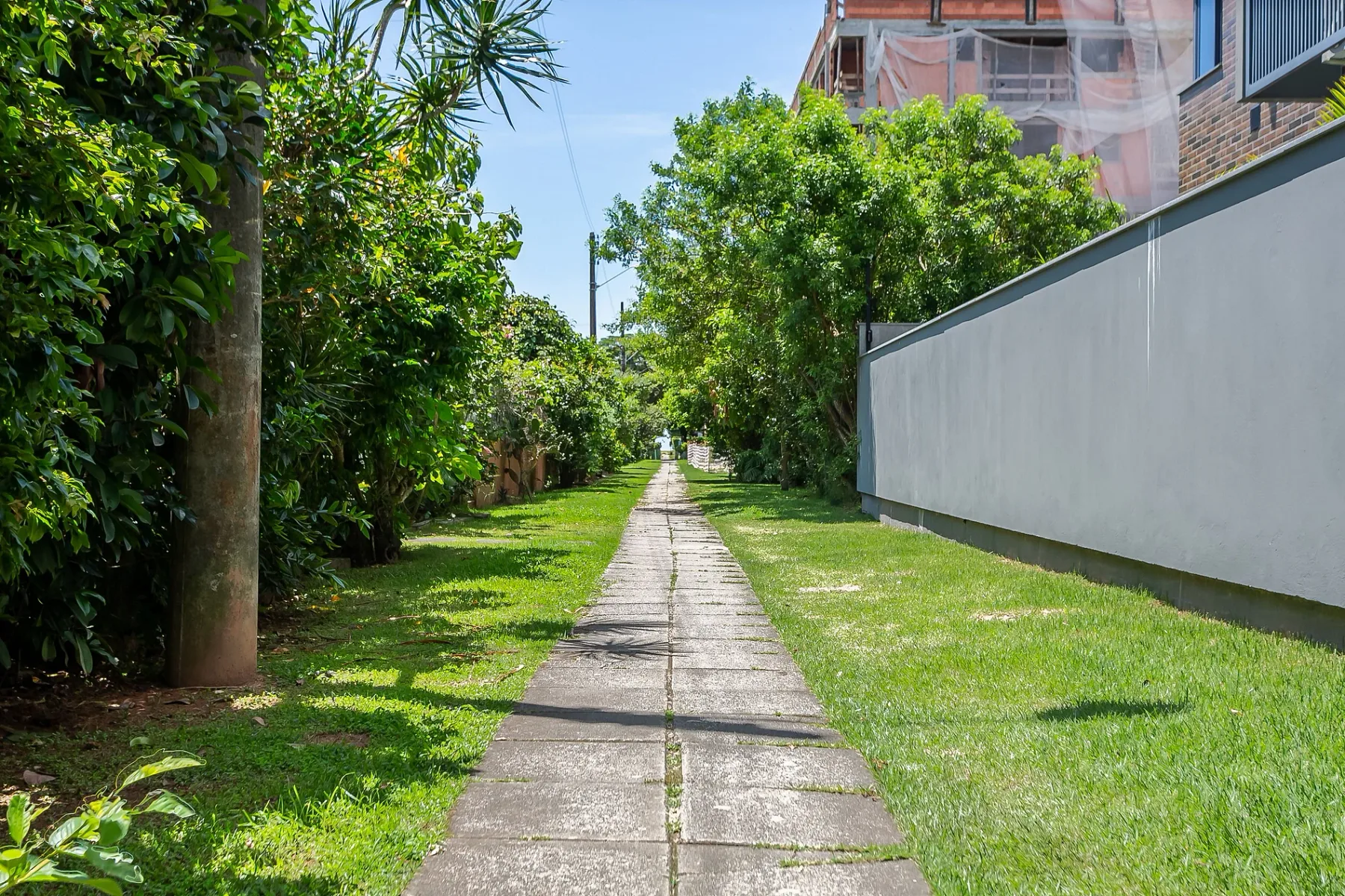 Shared amenity: A paved walkway runs through a green outdoor garden.