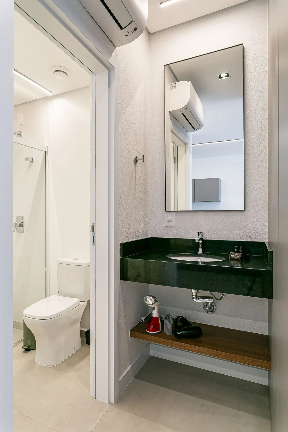 A bathroom vanity with a mirror and an adjacent toilet area.