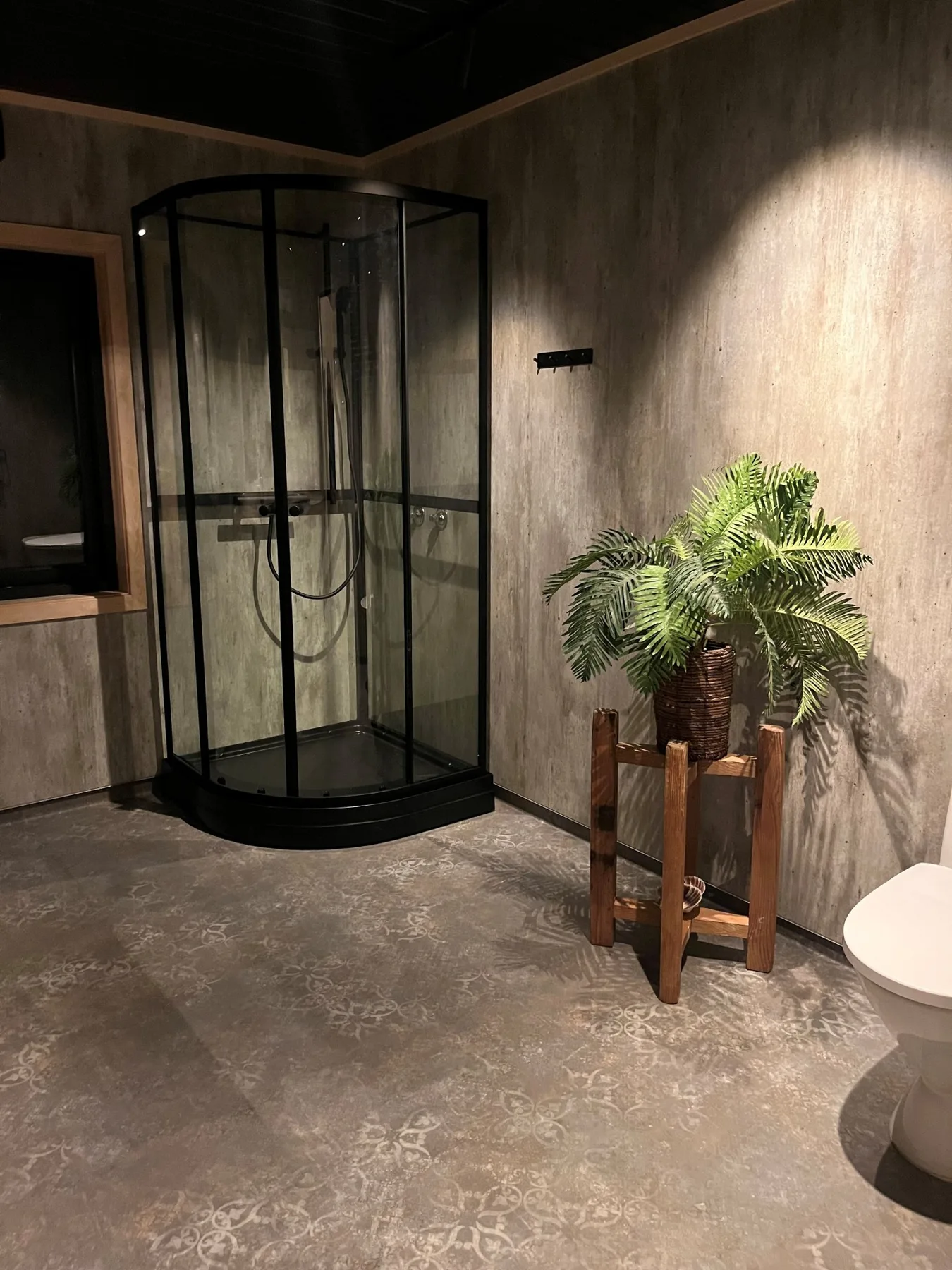 Un baño con una ducha de vidrio y una planta en maceta al lado.