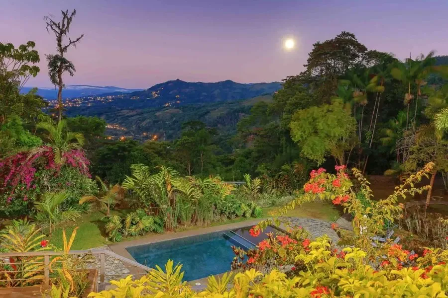 Una piscina está rodeada de plantas con flores, con colinas visibles al anochecer.