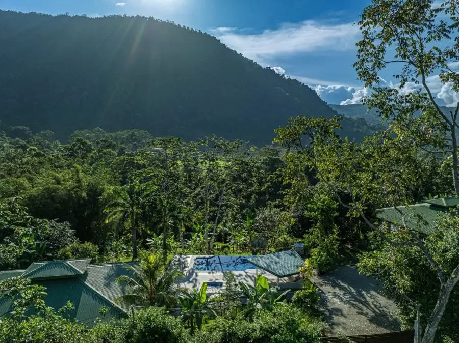 Aerial view of a forested mountain landscape with buildings among the trees.
