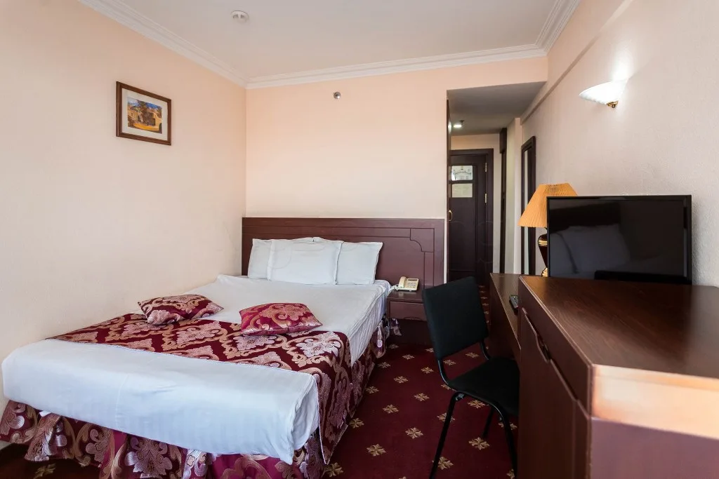 Espacio representativo del hotel: Un dormitorio de hotel con una cama doble, televisor y escritorio.
