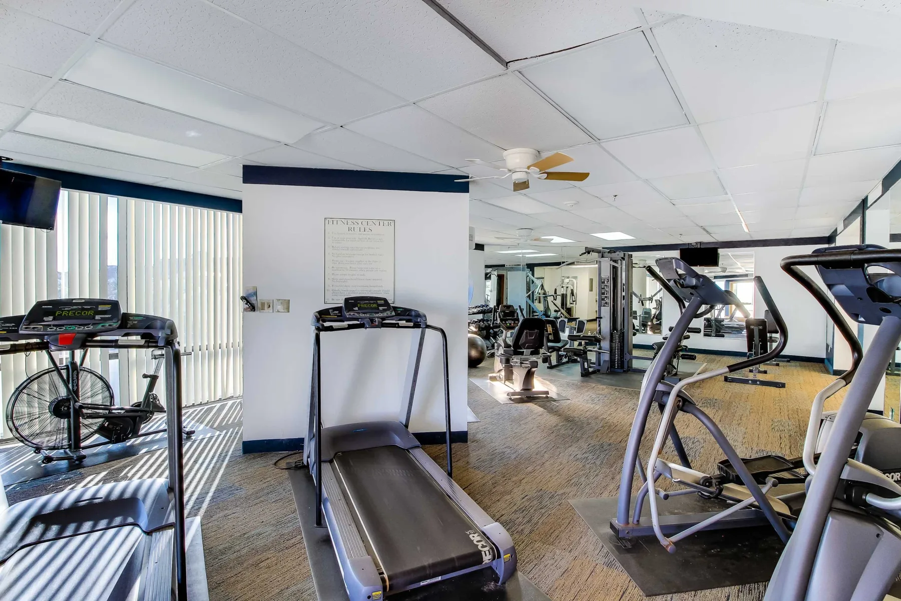 Shared amenity: A fitness room with treadmills, exercise bikes, and weight machines.