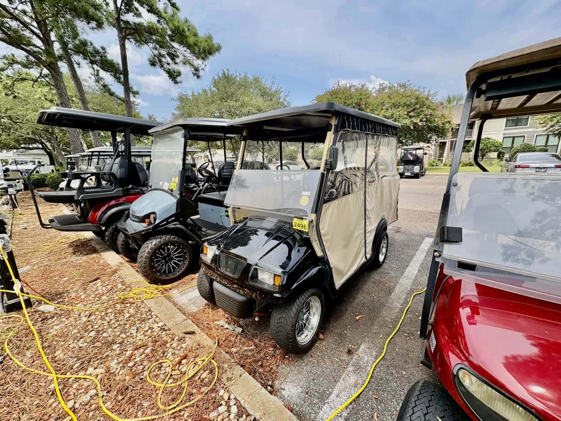 Shared amenity: Golf carts are parked in a row beneath covered shelters outdoors.