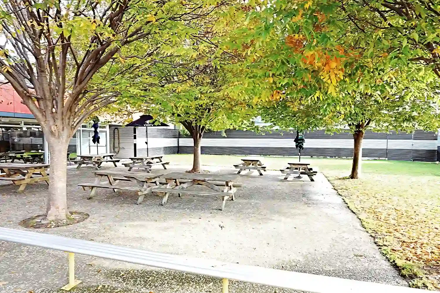 Espacio representativo del hotel: Una zona de picnic al aire libre con mesas de madera bajo árboles frondosos.
