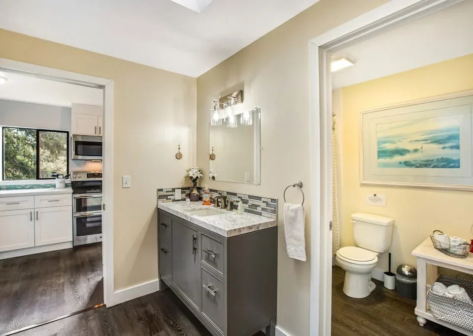 A bathroom vanity with a sink and mirror, beside an open doorway to a toilet.