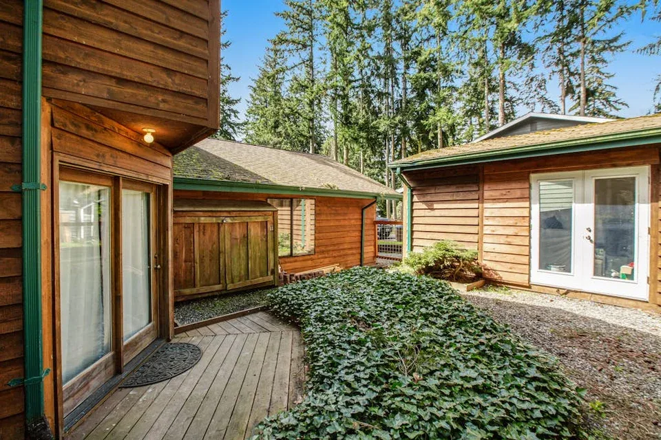 A courtyard between wooden buildings, with a paved walkway and leafy ground cover.