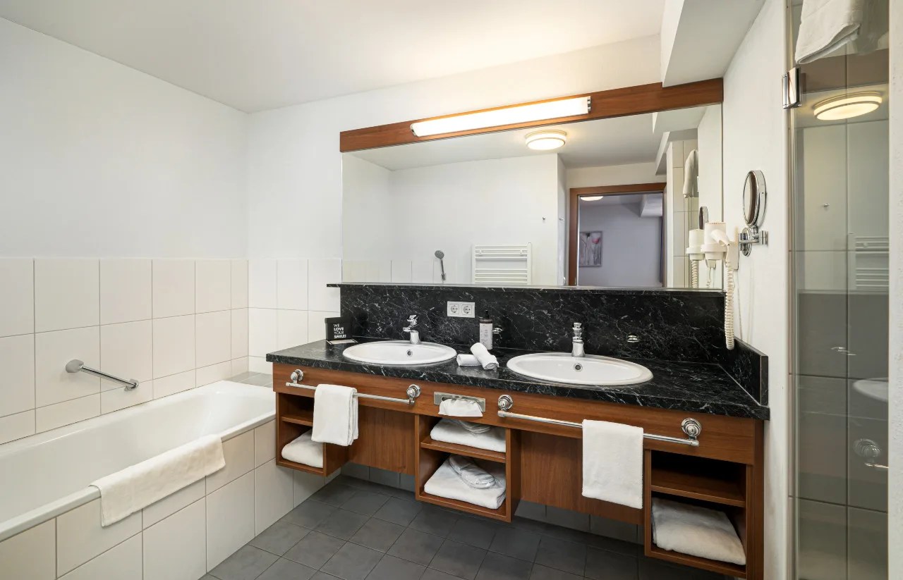 Representative hotel space: A bathroom vanity with two sinks and a large mirror.