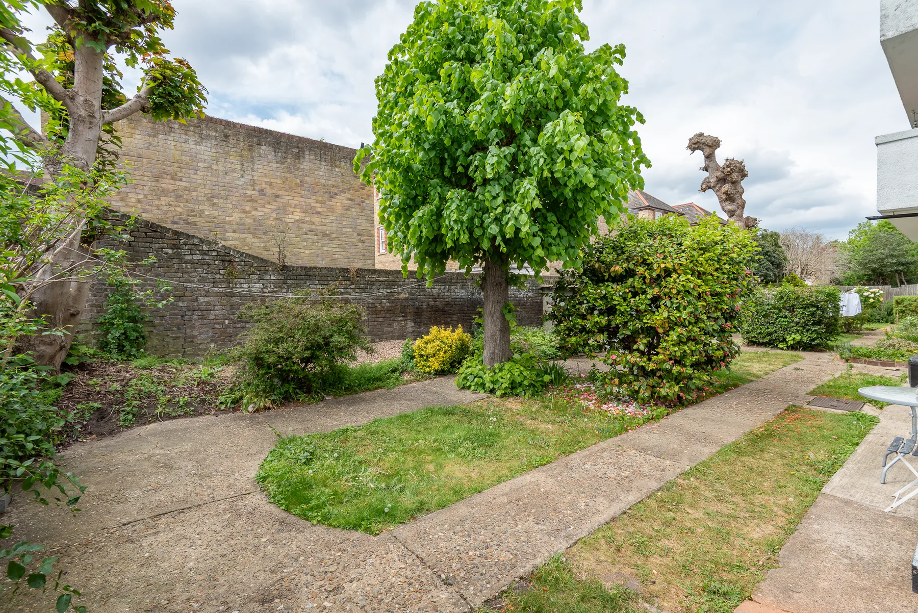 Shared amenity: A garden with a leafy tree, shrubs, and paths through the grass.