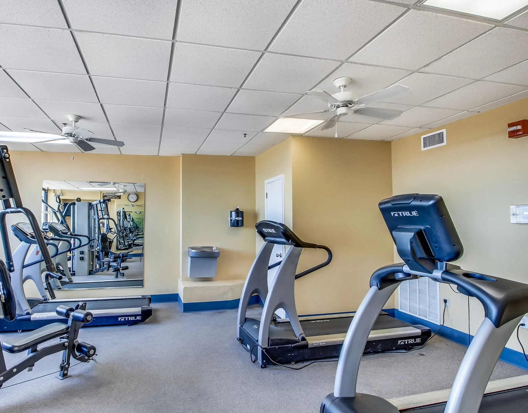 Zona común: Un gimnasio con máquinas de ejercicio y un espejo en la pared.