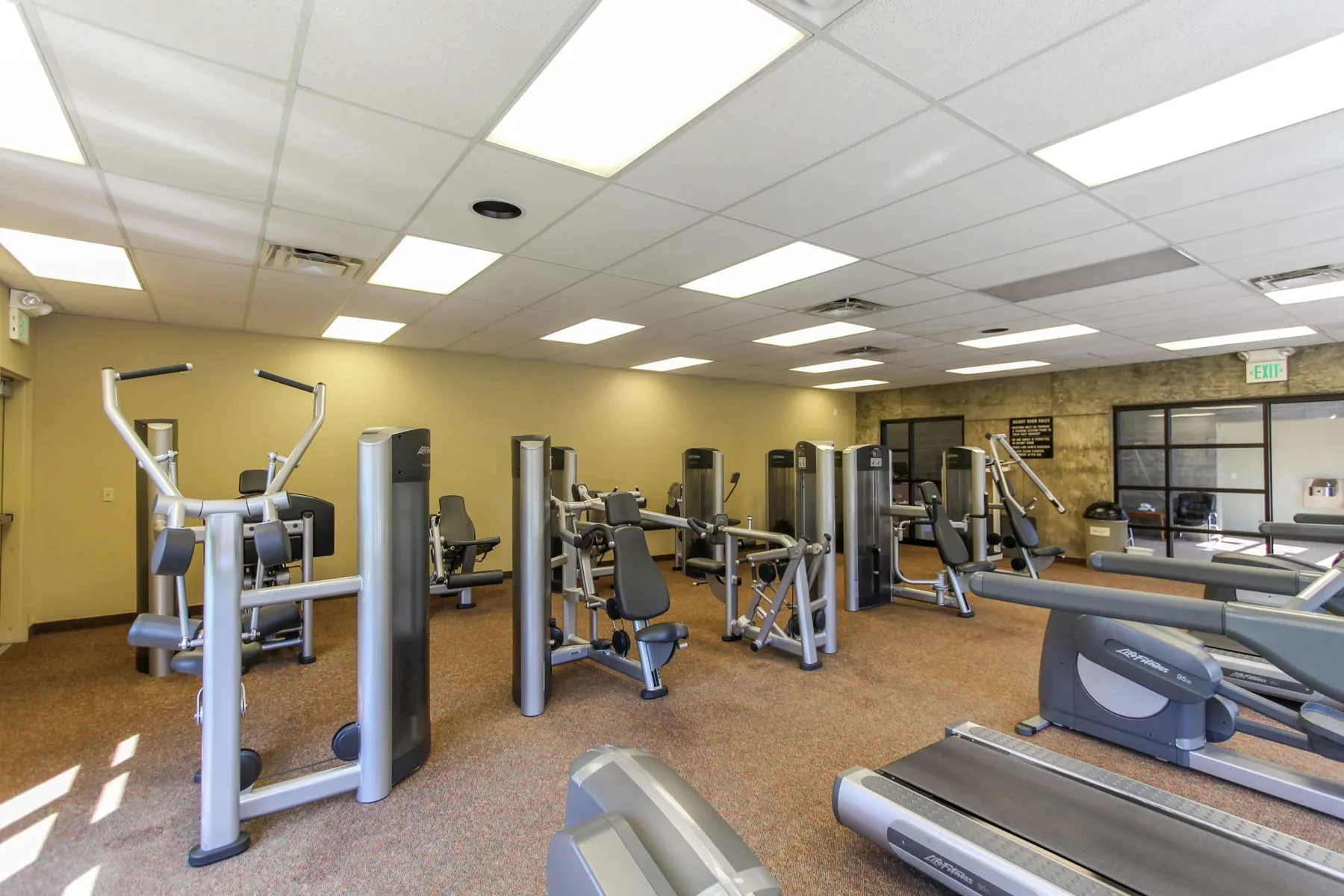 Zona común: Una sala de ejercicio con máquinas y cintas de correr.
