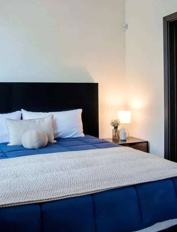 A bedroom with a blue bed, white pillows, and a bedside table.