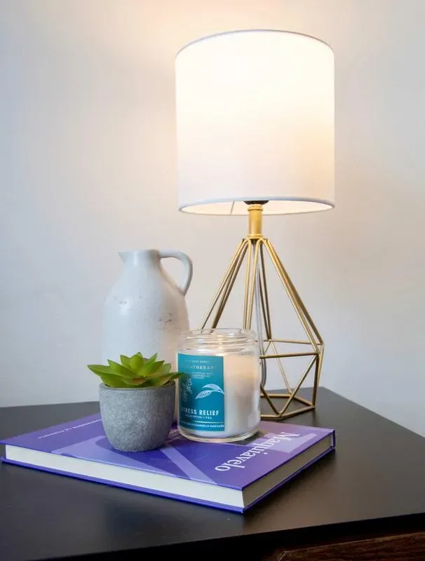 A tabletop lamp, small plant, and candle sit on a book against a plain wall.