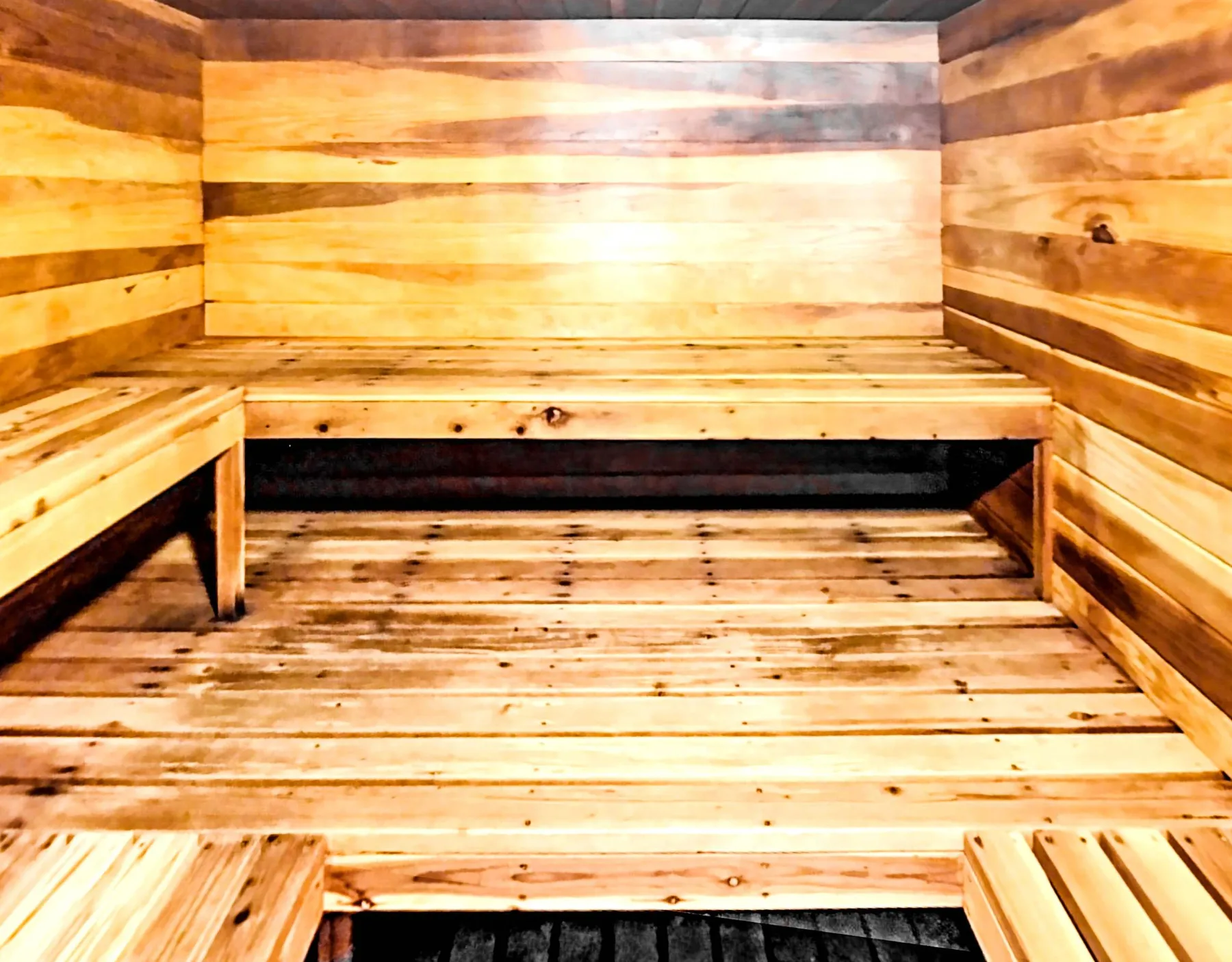 Zona común: Sauna revestida de madera con bancos integrados.