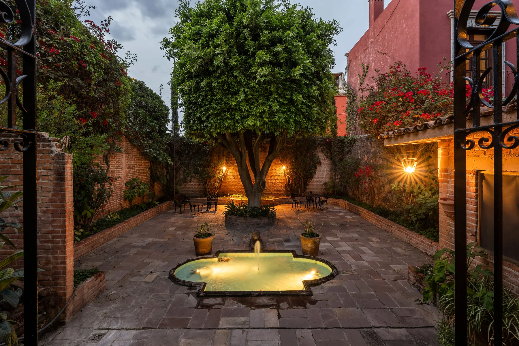 A paved courtyard with a small illuminated pool beneath a leafy tree.