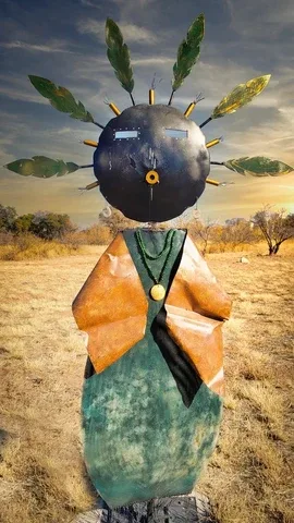 Representative hotel space: A stylized outdoor sculpture stands in a dry, grassy landscape.