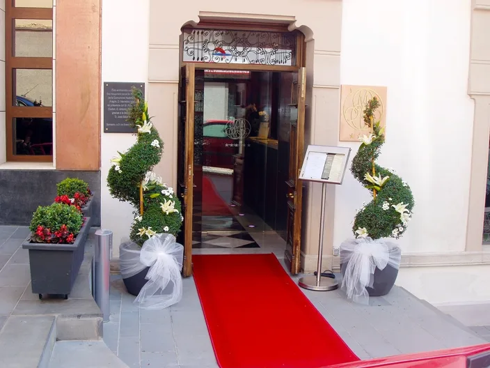 Espacio representativo del hotel: Entrada de hotel con una alfombra roja y plantas decoradas en macetas.