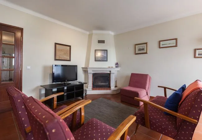 Una sala de estar con asientos dispuestos alrededor de una chimenea y un televisor.