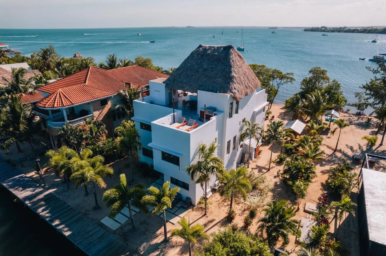 Aerial view of a white coastal building among palm trees beside the water.