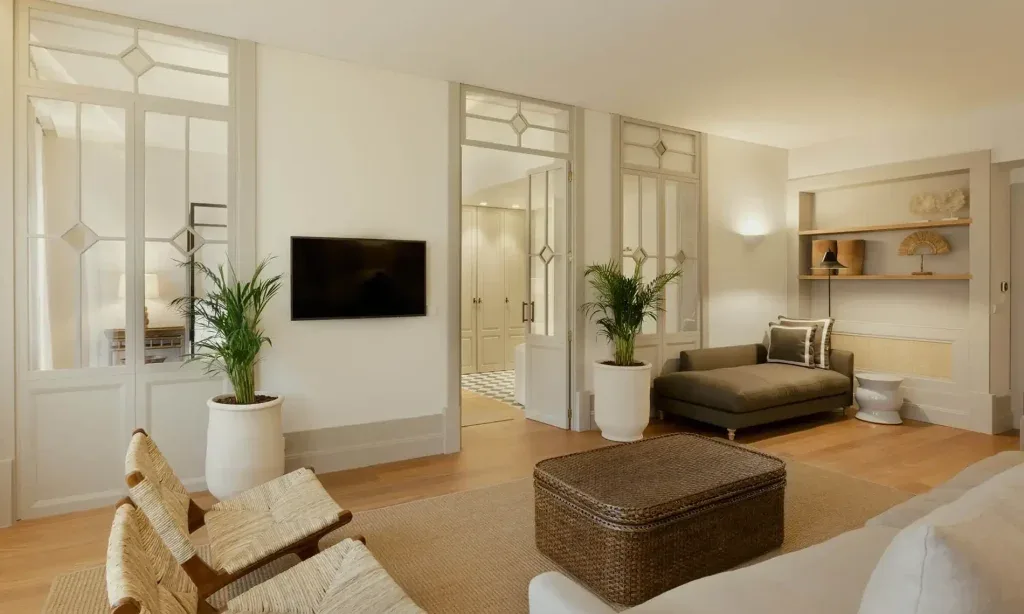 Espacio representativo del hotel: Una sala de estar luminosa con asientos, un televisor y ventanas grandes.