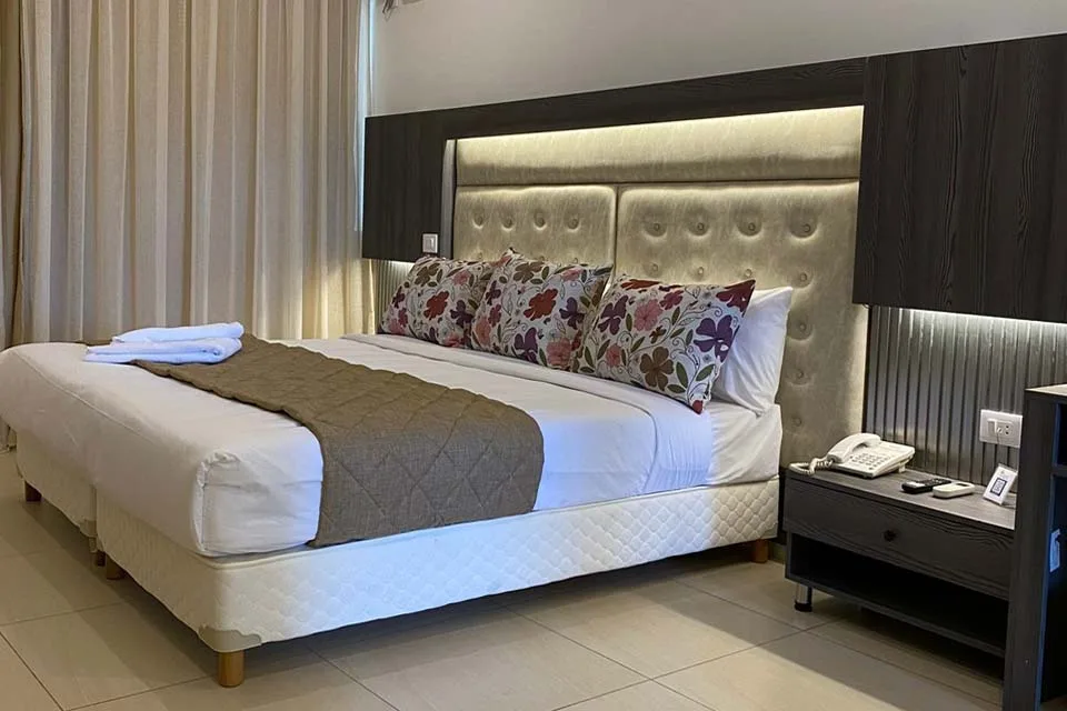 Espacio representativo del hotel: Un dormitorio de hotel con una cama grande, almohadas estampadas y muebles de noche.
