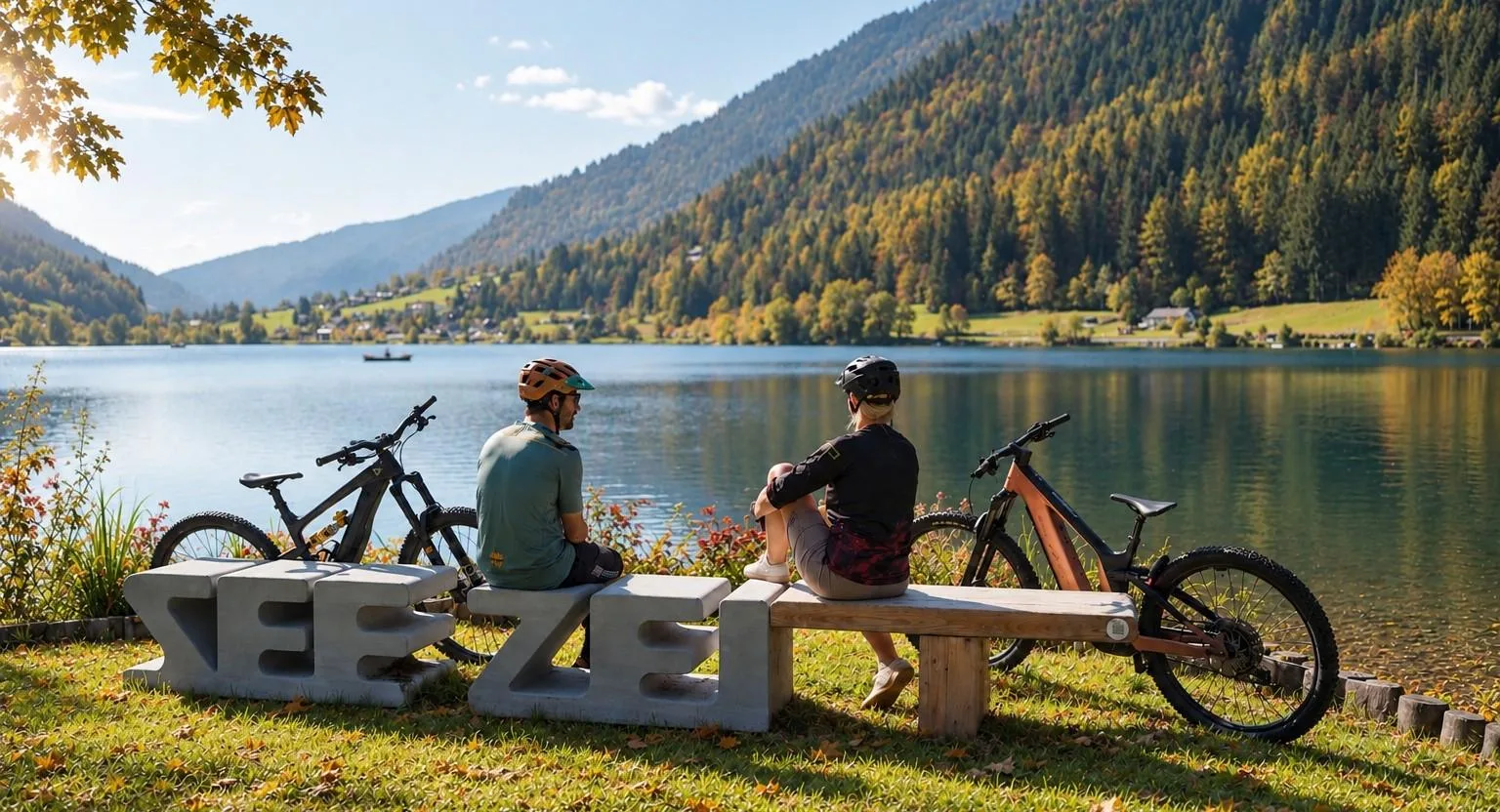 Two people sit beside bicycles by a lake, with forested mountains in the background.