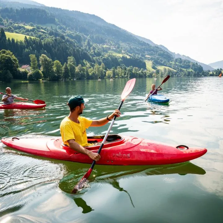 Kayaking on a lake, with a paddler in a red kayak in the foreground.