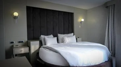 Espacio representativo del hotel: Un dormitorio con una cama junto a un cabecero oscuro con paneles.