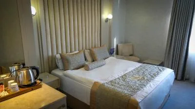 Espacio representativo del hotel: Un dormitorio con una cama bien tendida y cortinas detrás del cabecero.
