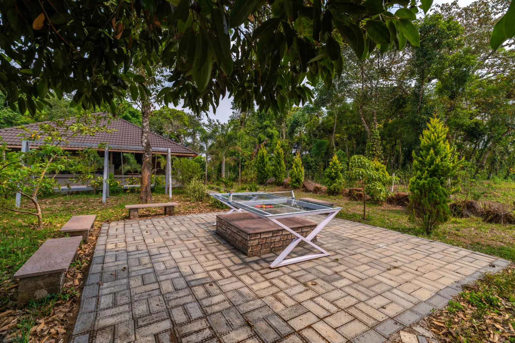 Un patio exterior pavimentado con una mesa de metal y bancos, rodeado de árboles y vegetación.