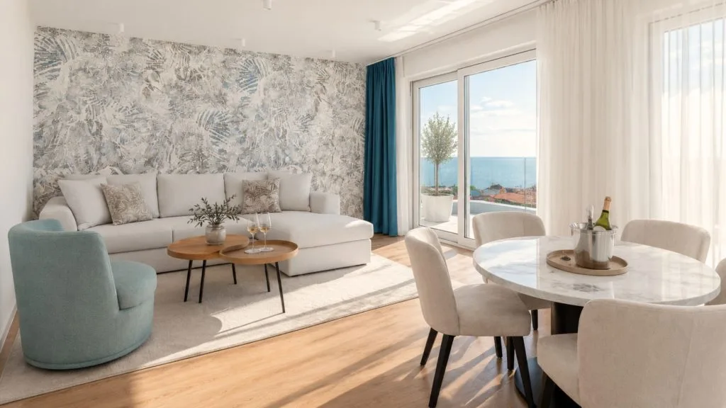 Representative hotel space: A bright living and dining area opens onto a balcony overlooking the sea.