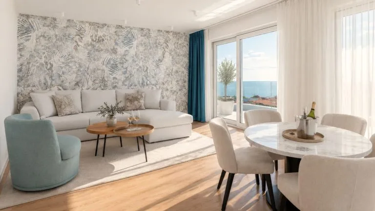 Representative hotel space: A bright living and dining area with seating beside large windows.
