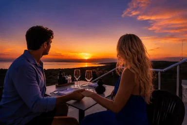 Representative hotel space: Two people sit together at an outdoor table overlooking a sunset.