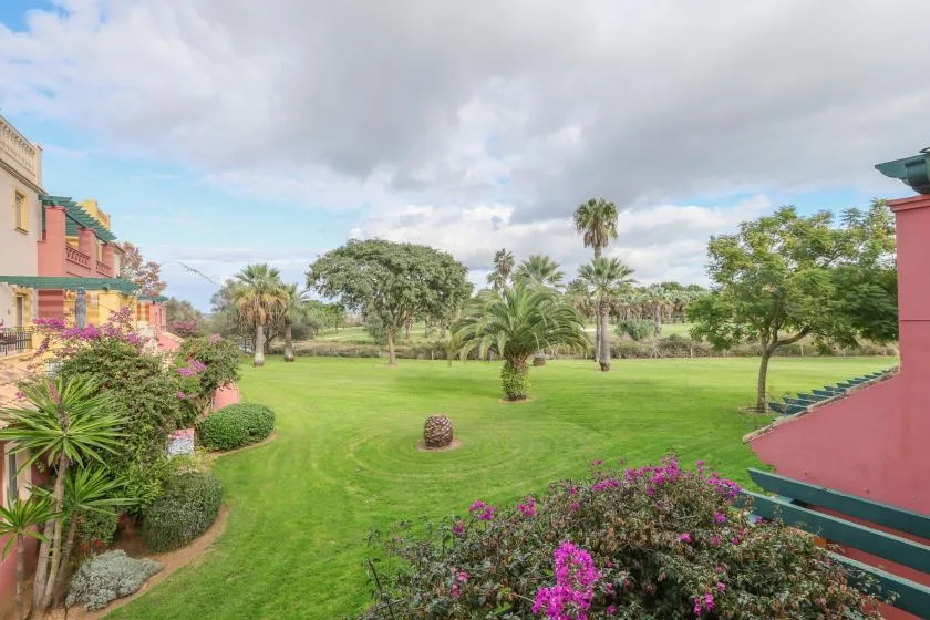 A landscaped garden with a broad lawn, flowering shrubs, and palm trees.