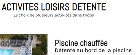 Espacio representativo del hotel: Un anuncio gráfico en francés promociona una piscina climatizada junto a una pequeña foto de la piscina.