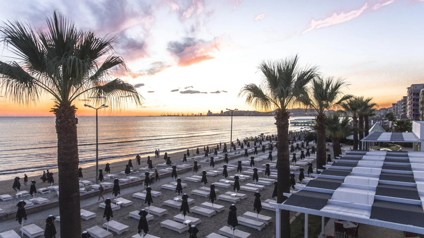 Representative hotel space: A seaside terrace with rows of lounge seating and palm trees at sunset.