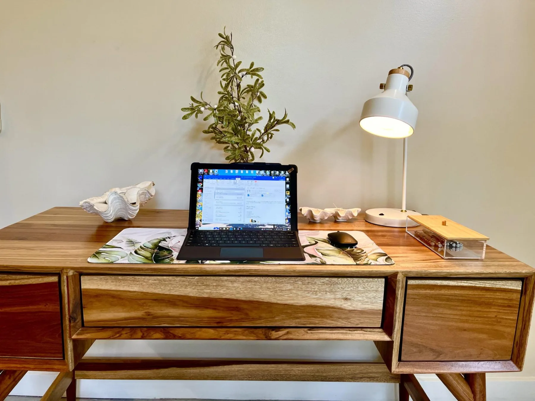 A wooden desk holds a laptop, a lit lamp, and a potted plant.