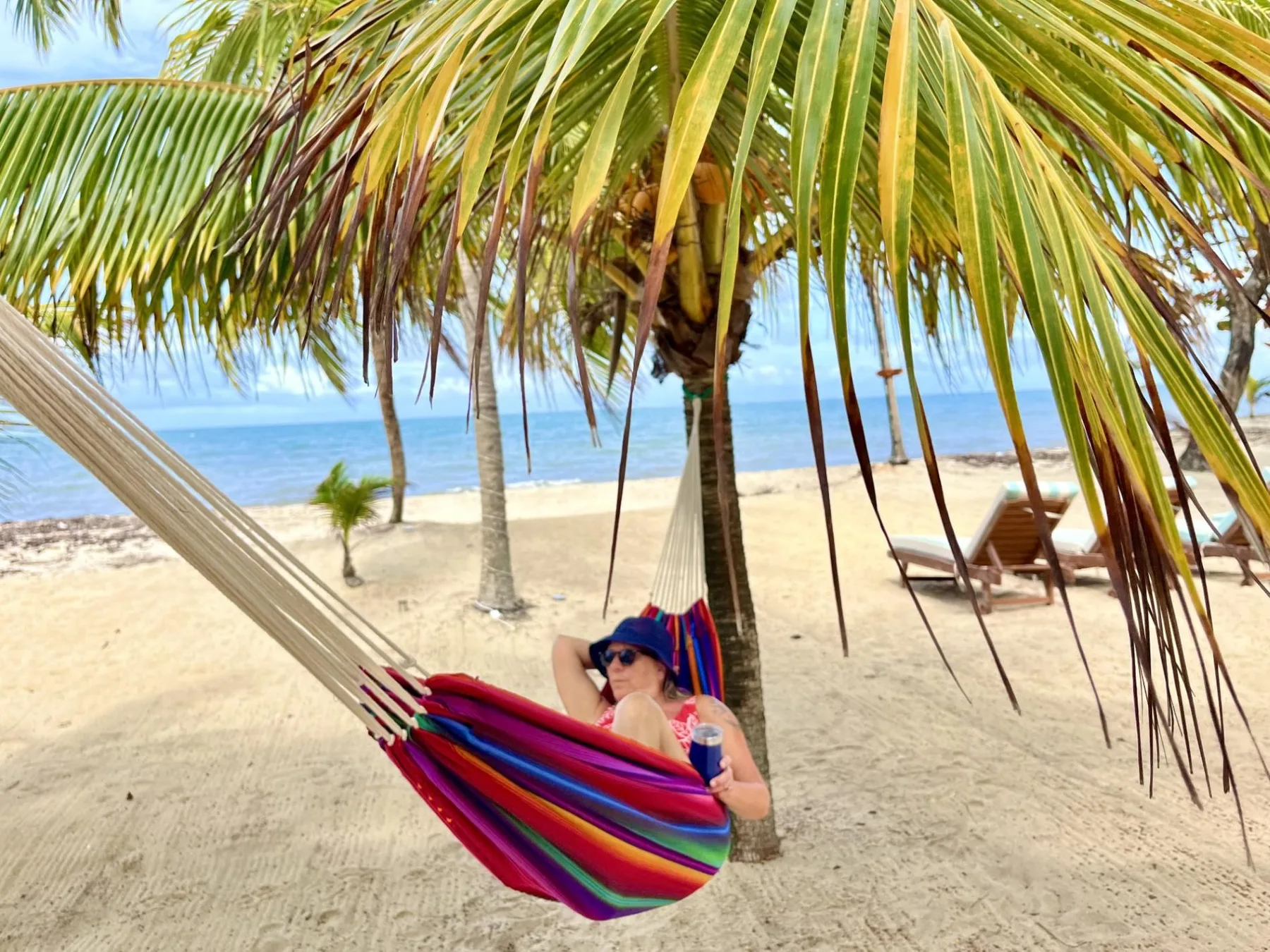 A person relaxes in a colorful hammock beneath palm trees on a sandy beach.