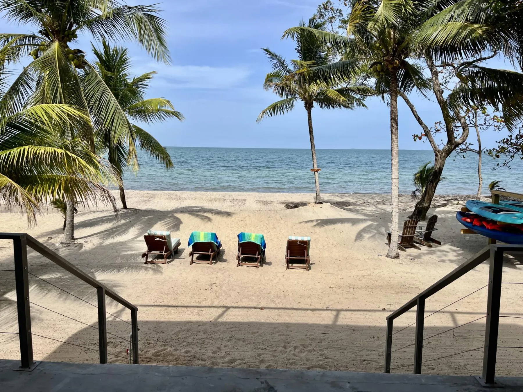 A sandy beach with palm trees, lounge chairs, and calm water.