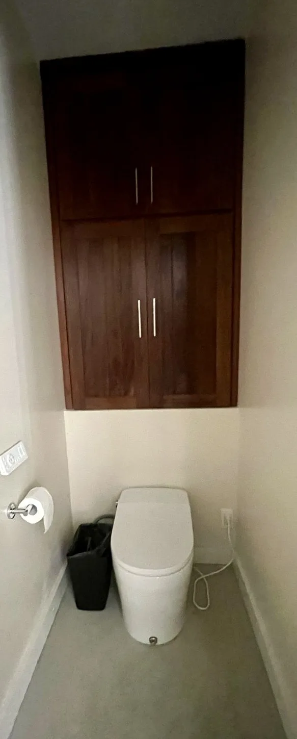 A narrow bathroom with a toilet beneath a tall wooden cabinet.