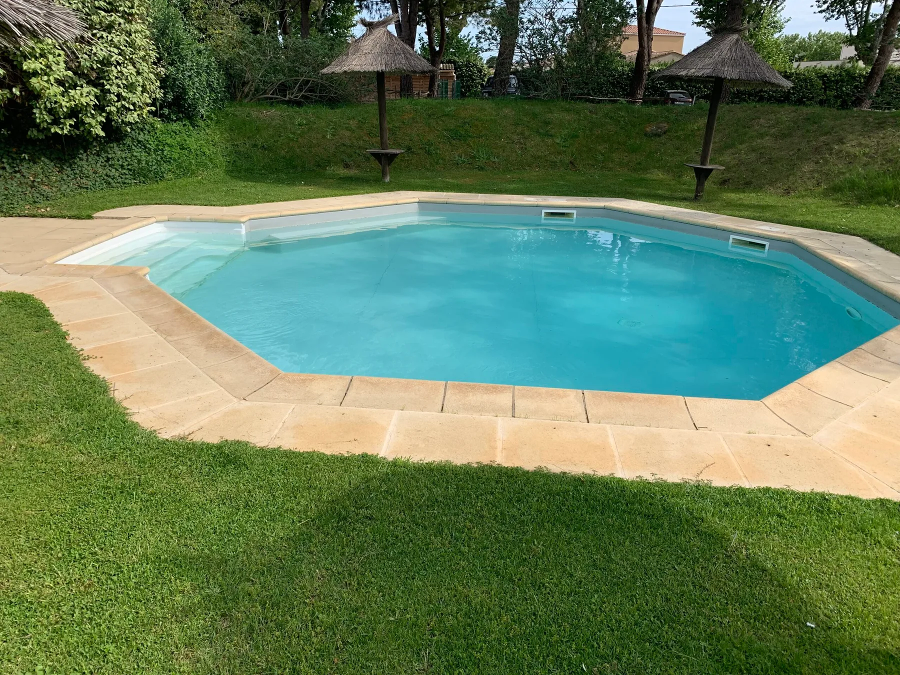Representative hotel space: An outdoor swimming pool is surrounded by a paved deck and green lawn.