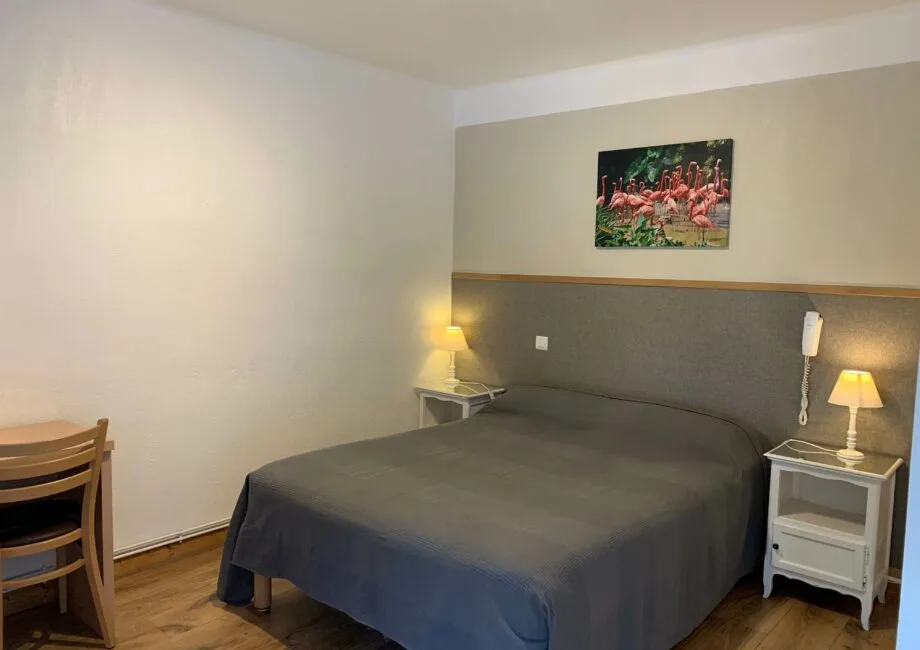 Representative hotel space: A bedroom with a double bed, bedside tables, and a framed flamingo picture.