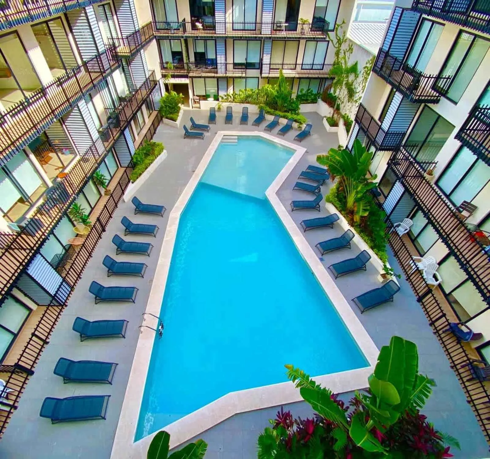 Zona común: Una piscina ocupa un patio rodeado de balcones y tumbonas.